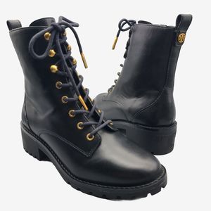 Tory Burch Combat Lug Sole Boots Zipper Lace Up Black Leather Logo US 6 New